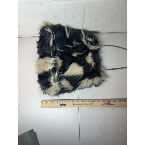Mark  Avon Black Off White Faux Fur Tote Bag  Silver Chain Strap Handbag - Picture 2 of 9